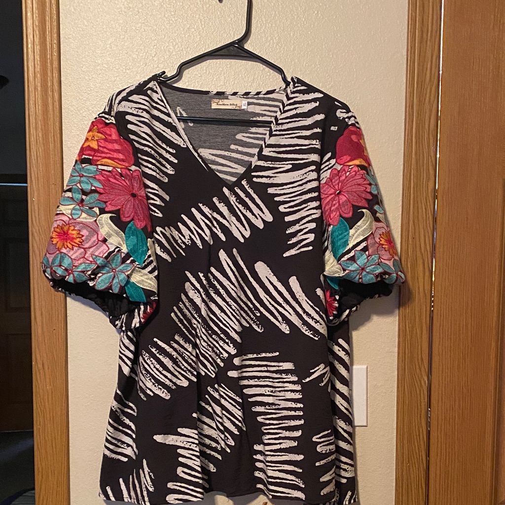 Black V-Neck Tunic With Colorful Floral Puff Sleeves